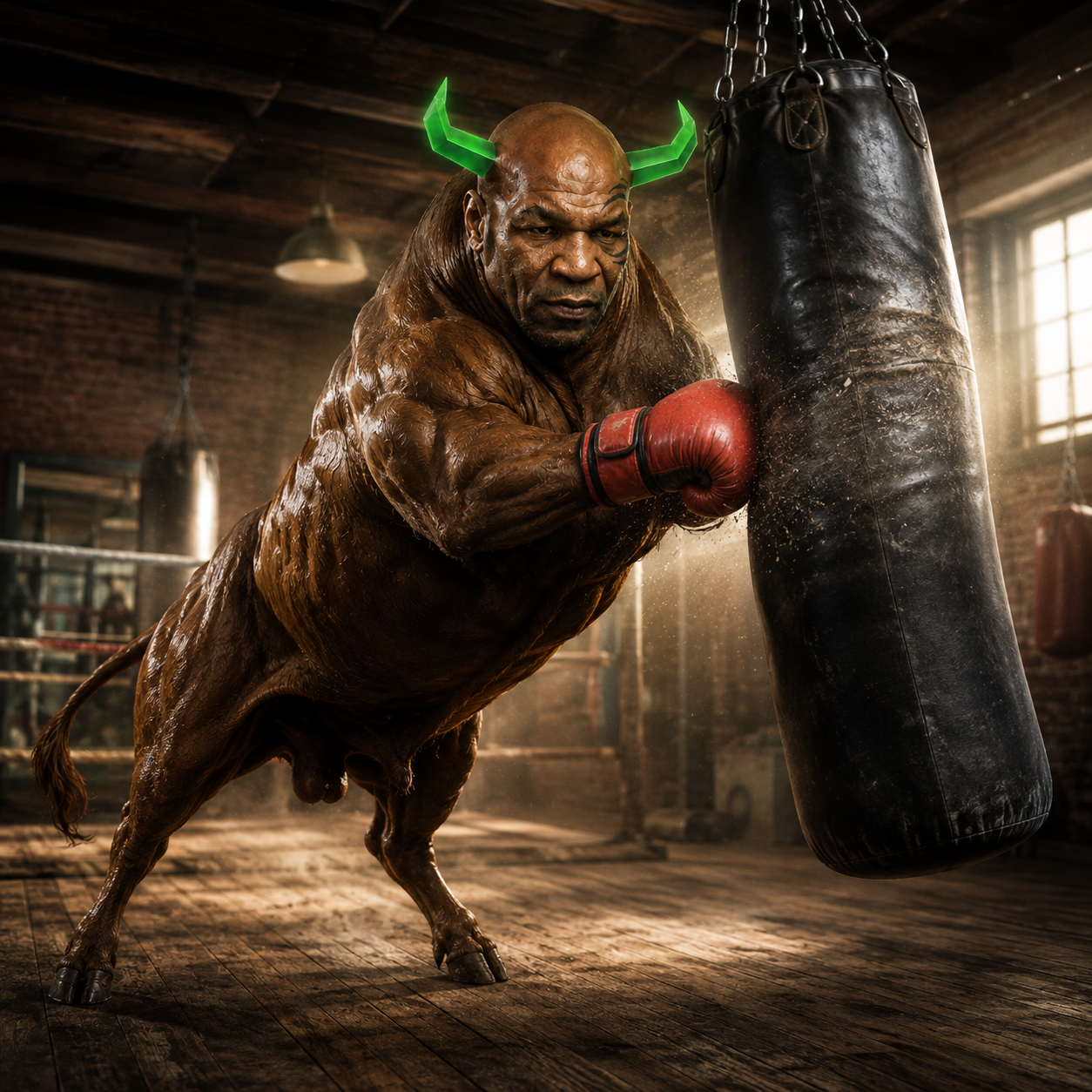 The bull throwing a right hand into a heavy bag in a brick gym