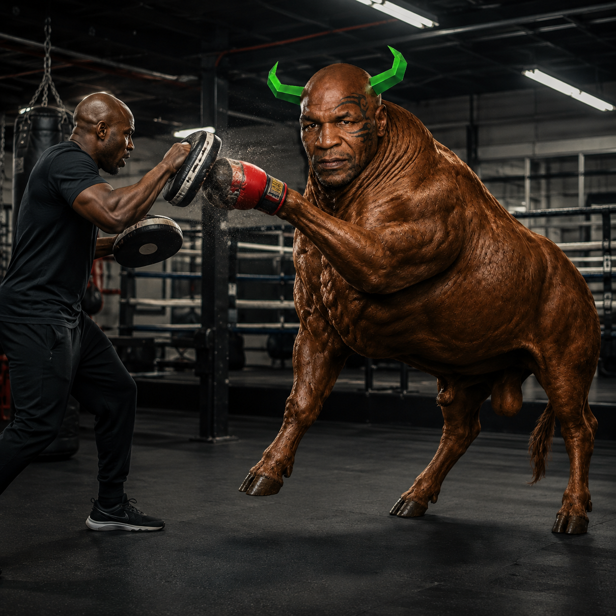 The bull snapping a jab into a trainer holding focus mitts