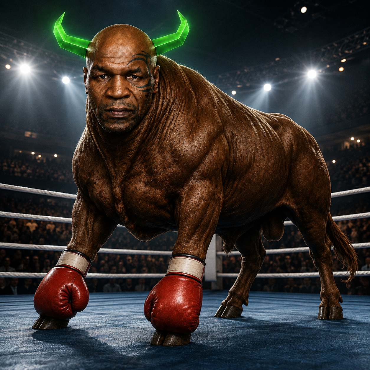 The bull in a floodlit boxing ring with red gloves on its front hooves
